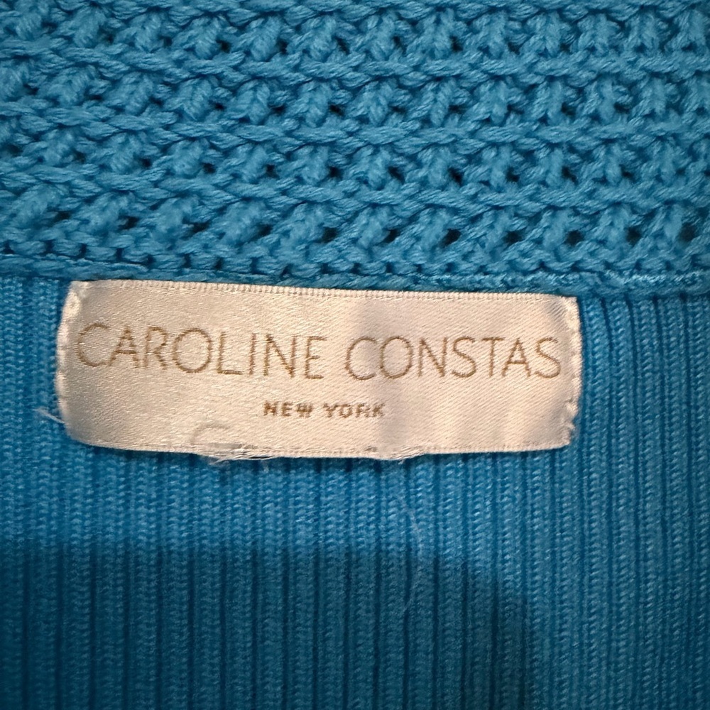 Caroline Constas Blue Ribbed Knit Midi Dress Crochet Collar Back Slit Bodycon - Picture 4 of 5